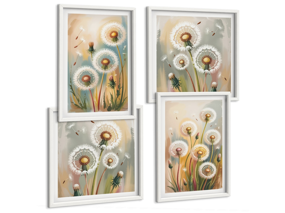 Composição De Quadros Flores De Dente-de-leão, Grama Em Tons Pastel Moldura Branca Imagens Para Um Quarto Infantil Espelharte (conjunto De 4 Imagens)
