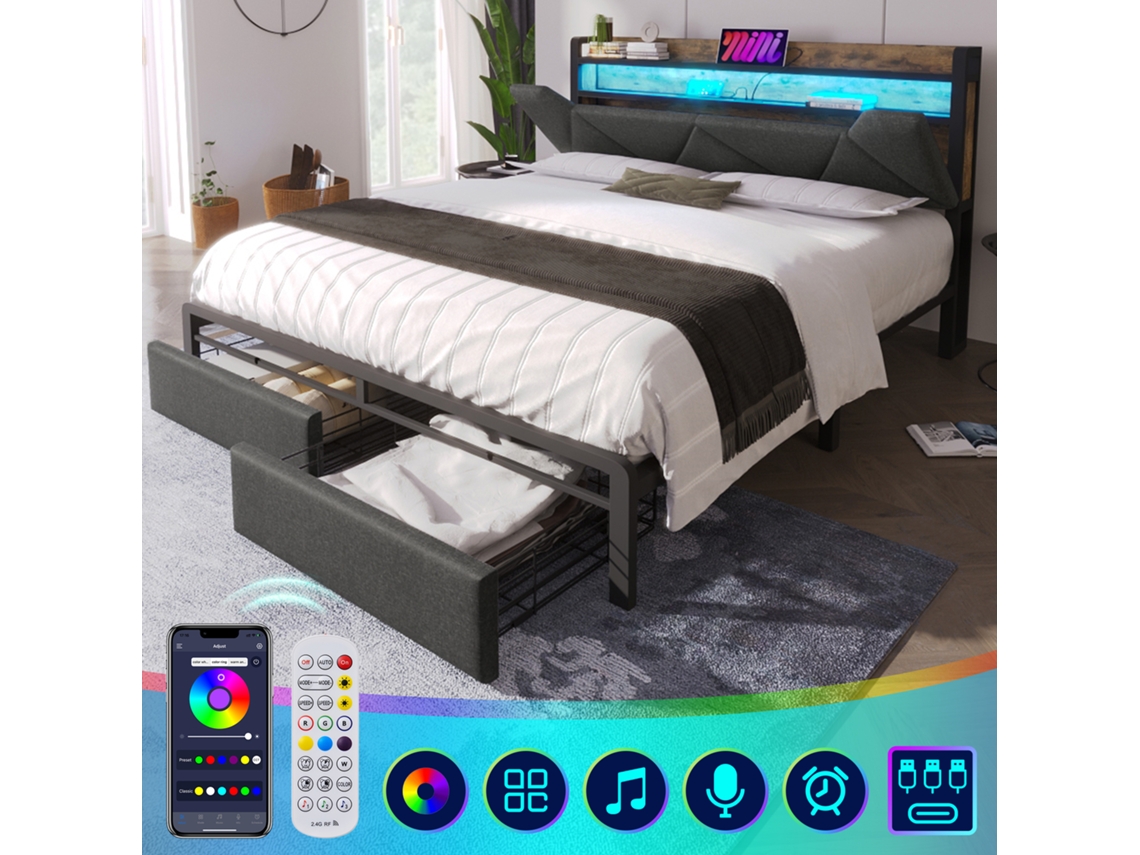 Cama Estofada Com Função De Carregamento Usb Tipo-c, Cabeceira Com Arrumação