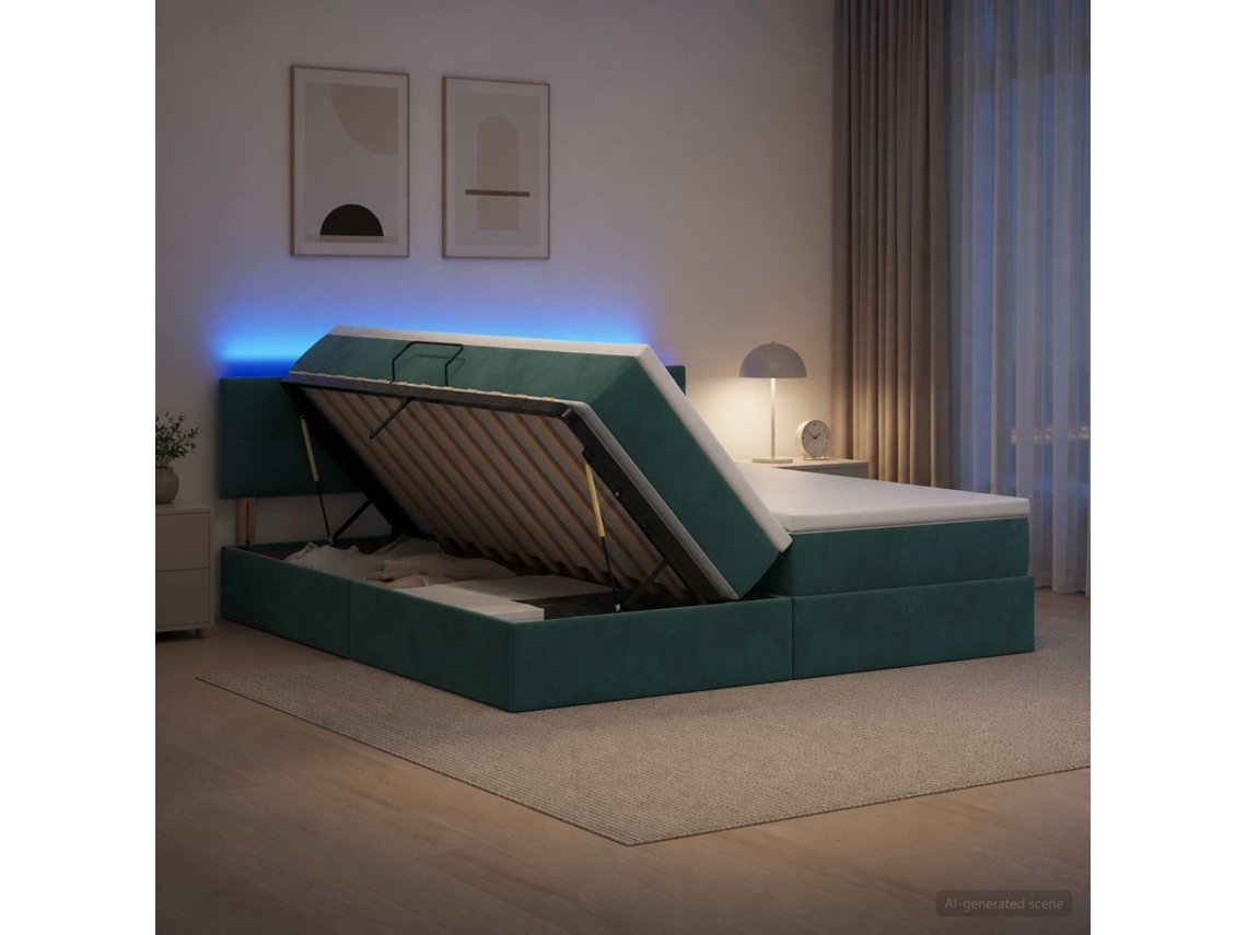 Vidaxl Cama De Armazenamento Led Com Colchão Verde-escuro 200 X 200 Cm