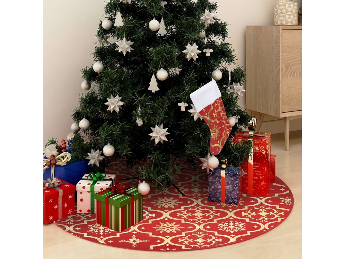 Vidaxl Saia De Árvore De Natal De Luxo Com Meia Vermelha 150 Cm Tecido