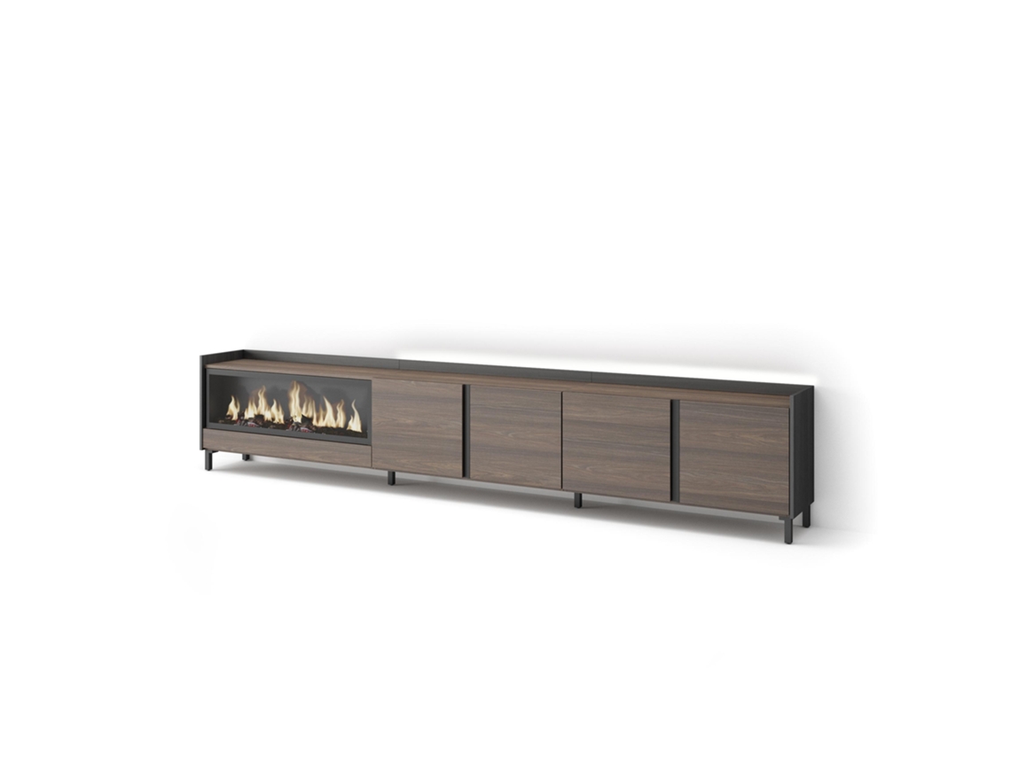 Móvel Tv, 315x35x61cm, Para Televisores Até 80'', Lareira Elétrica Xxl, Desenho Industrial, Led, Carvalho Escuro E Preto