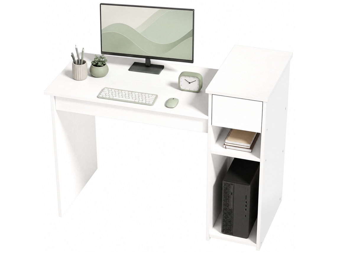 Mesa De Computador Com Gaveta E Prateleira, Na Cor Branco, Com Suporte Para Cpu, Design Prático E Funcional, 108 X 50 X 82 Cm