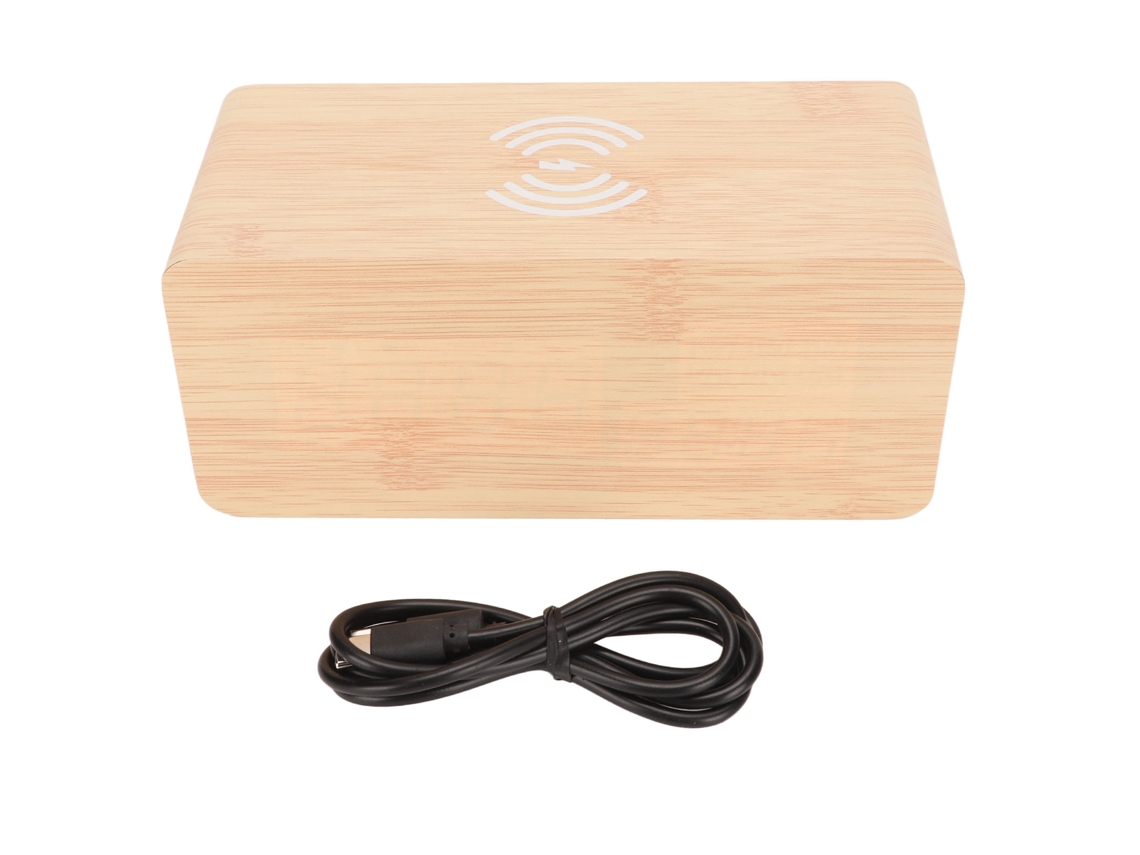 Relógio Despertador Digital de Bambu com Carga Sem Fio Led Decorativo Presente