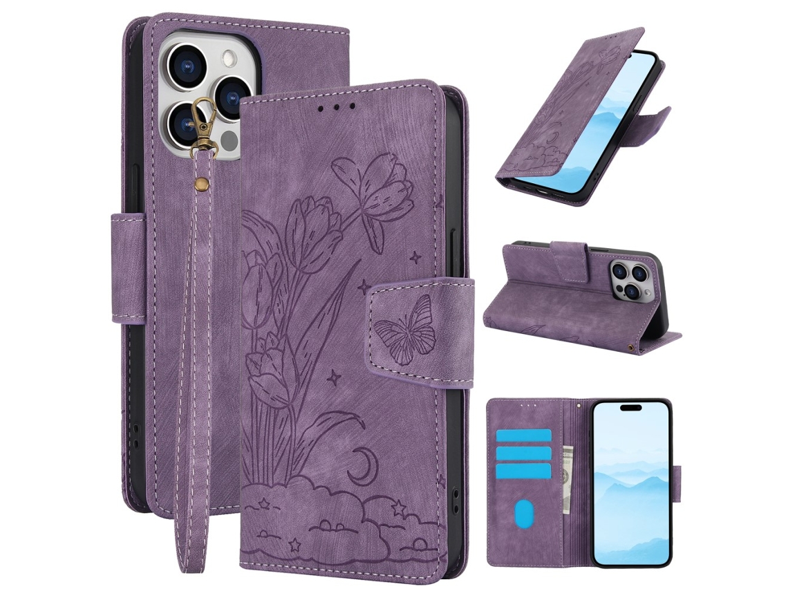 Capa Em Couro Pu, Padrão De Flor E Borboleta Para Apple Iphone 16 Pro Max - Roxo