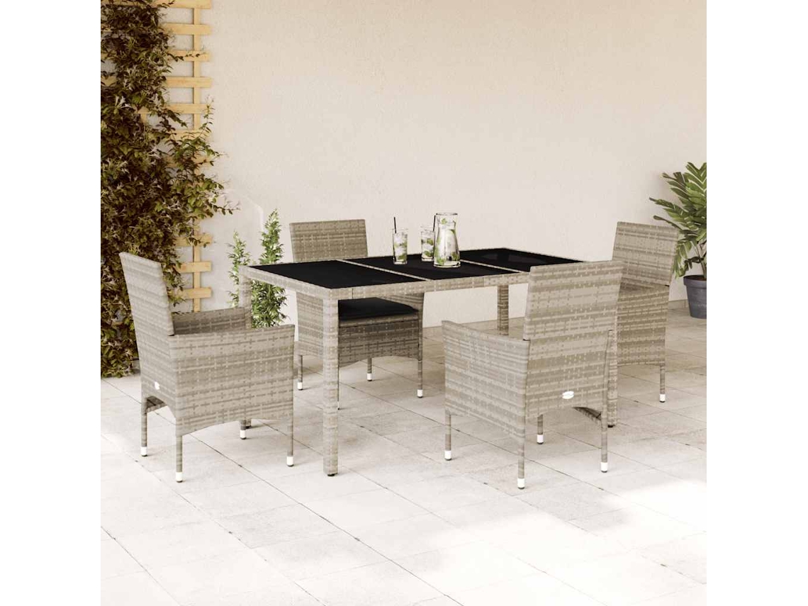 Vidaxl 5 Pcs Conjunto Jantar Jardim C/ Almofadões Pe/vidro Cinza Claro