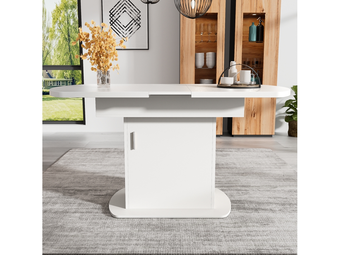 Mesa De Jantar Oval Extensível,110/130x70x75cm,com Espaço De Armazenamento,branca Com Puxadores Prateados Mega Echo Trade Shop