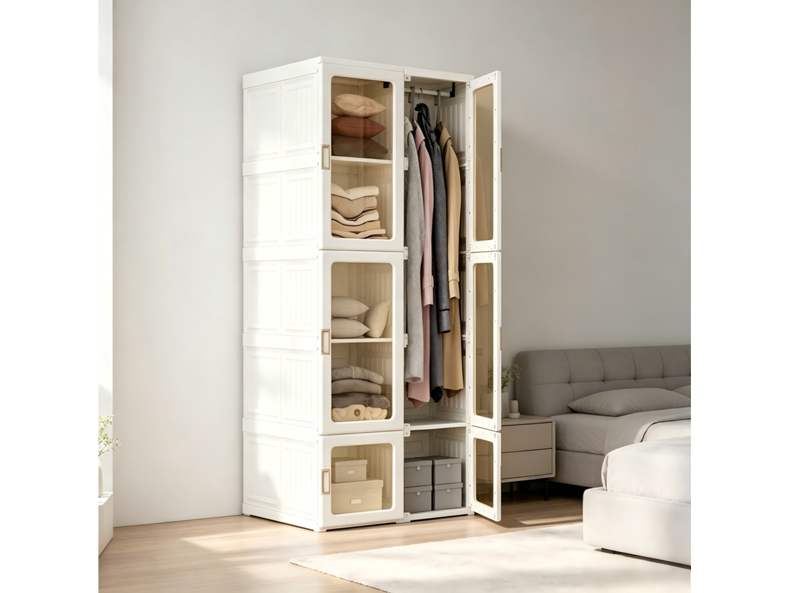 Guarda‑roupa Dobrável Portátil Em Pp,armário Com Portas Transparentes Pet,10 Compartimentos 6 Portas 1 Varão,branco,69x50x170cm