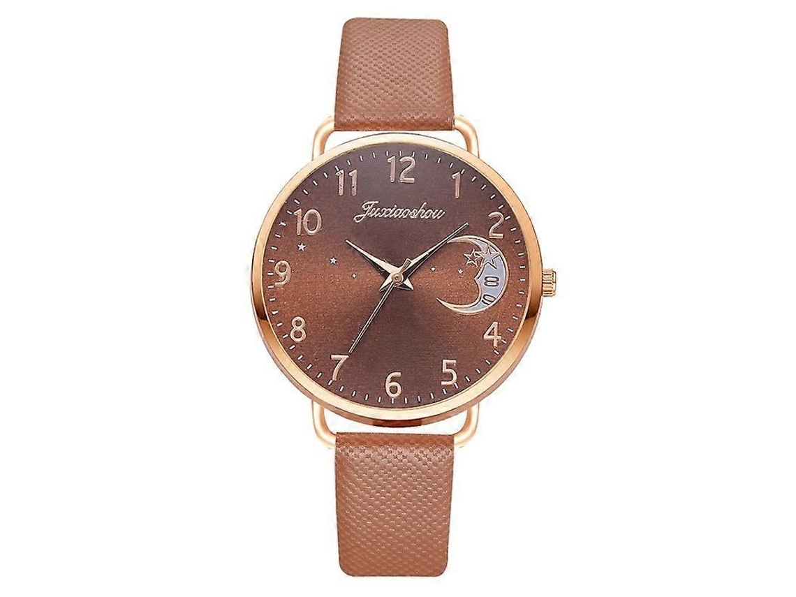 Relógio de quartzo feminino Hengrongshen com mostrador com padrão lunar e pulseira de PU, marrom