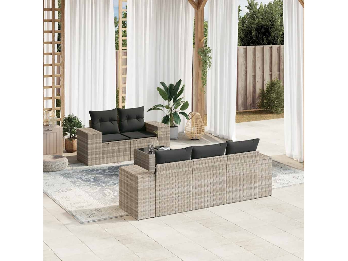 Vidaxl 6 Pcs Conj. Sofás Jardim Com Almofadões Vime Pe Cinzento-claro