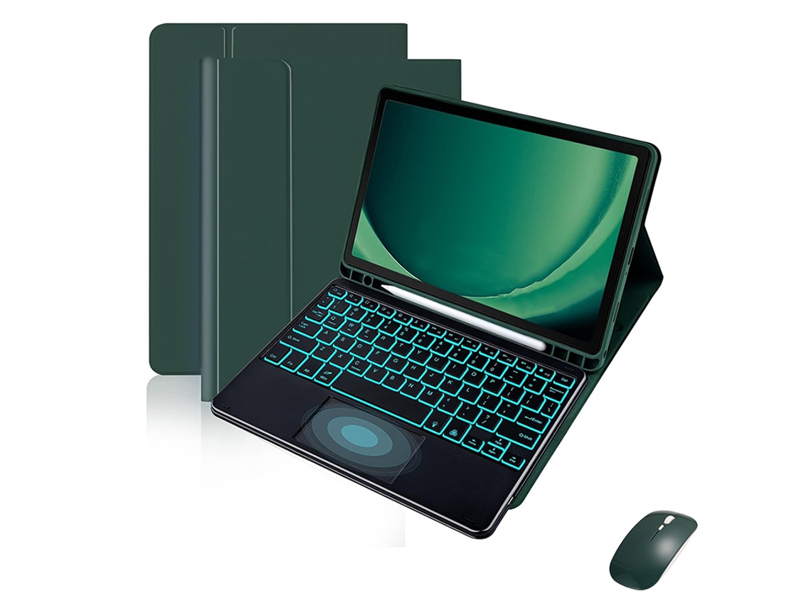 Capa De Couro Teclado Retroiluminado Sensível Ao Toque Com Teclas Quadradas Pretas Mouse Verde Escuro, Samsung Tab S9feplus De 12,4 Polegadas Yunzii