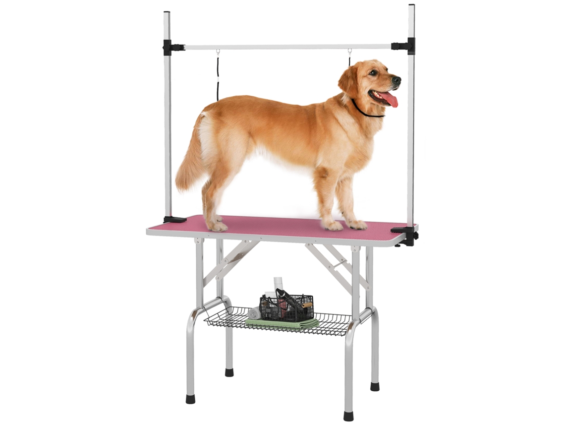 Mesa De Tosquia Dobrável De Higiene Com Prateleira Metálica Superfície Antiderrapante 107x60x164 Cm, Rosa