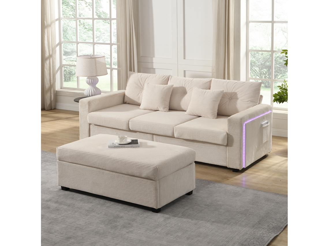 Conjunto Supreme 5 Almofadas Sofá Modular Led, Assento Macio, 3 Lugares + Otomana, Móvel L Resistente.
