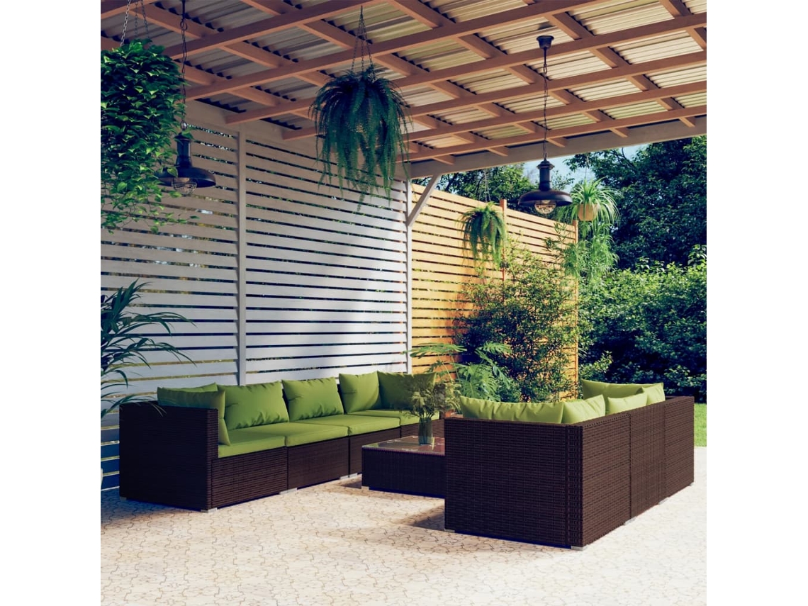 Vidaxl 8 Pcs Conjunto Lounge Jardim C/ Almofadões Vime Pe Castanho