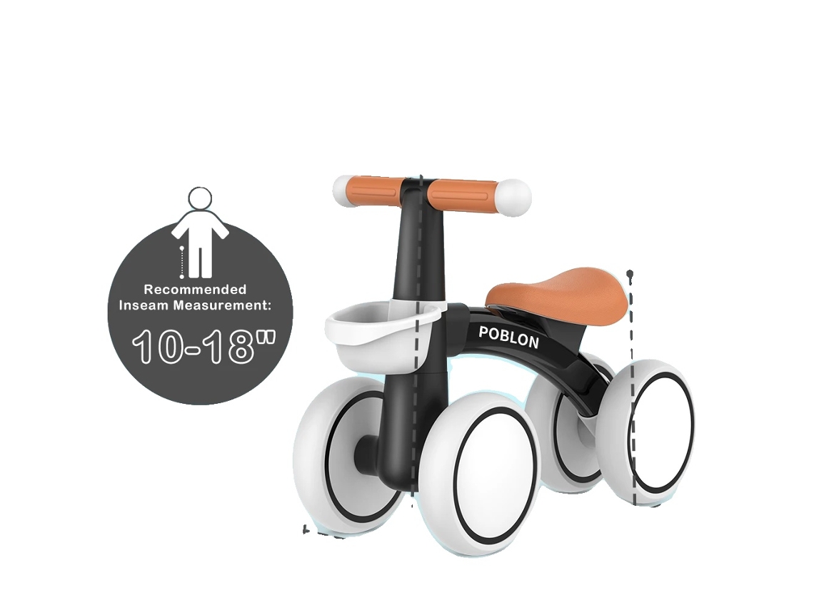 Bicicleta De Equilíbrio, 4 Rodas, Assento Ajustável, Preto