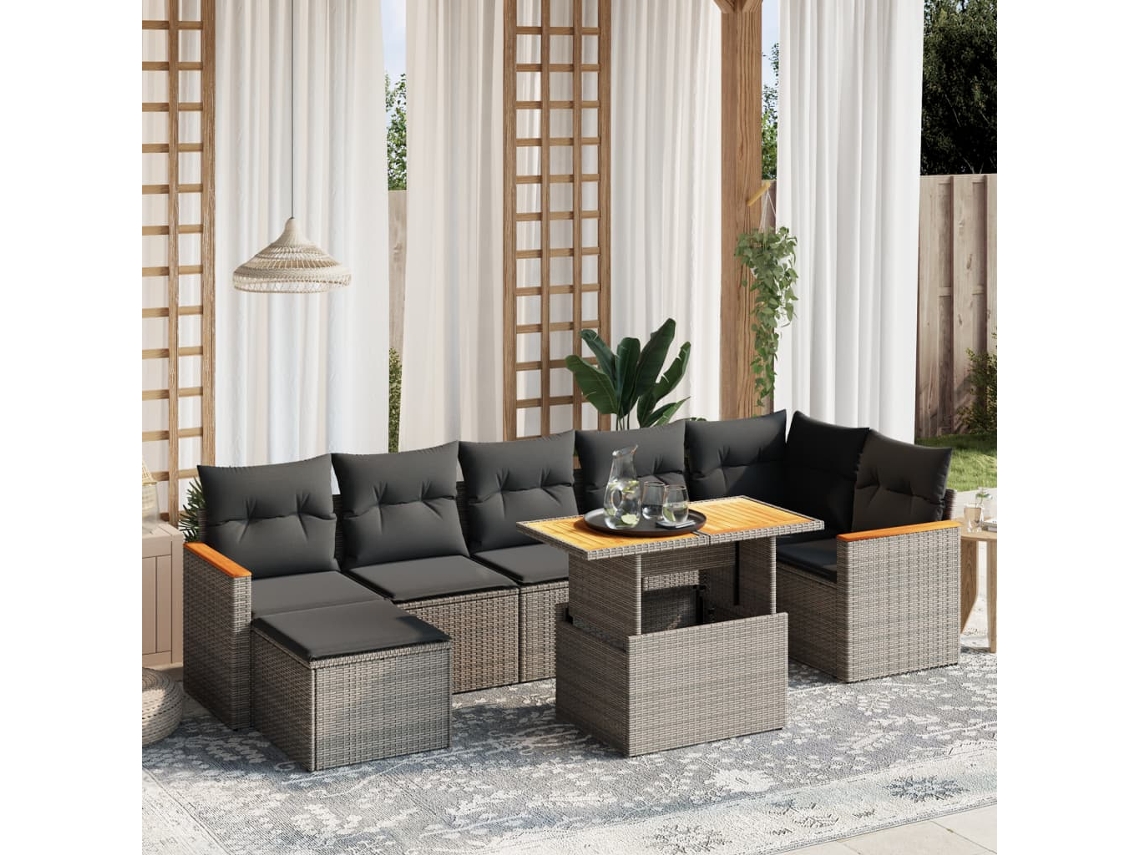 Vidaxl 8 Pcs Conjunto Sofás De Jardim C/ Almofadões Vime Pe Cinzento