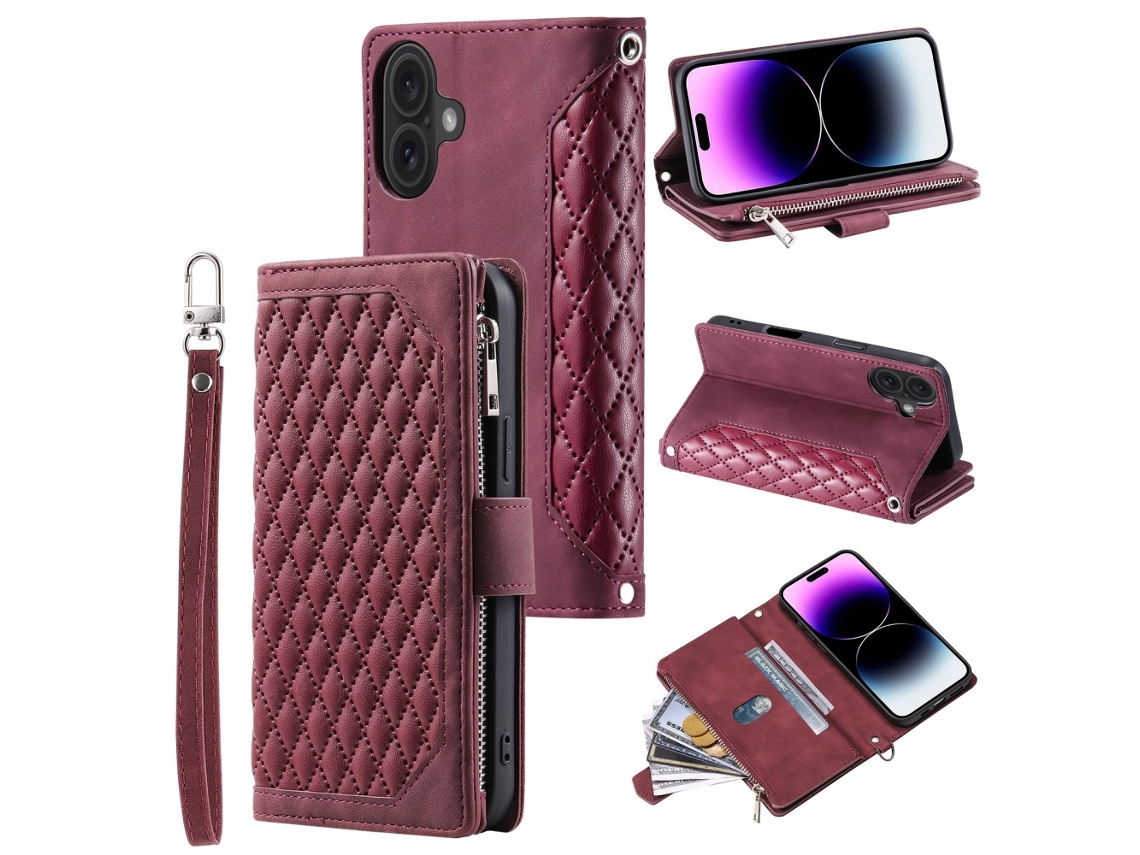 Capa Em Couro Pu Para Apple Iphone 16 Vinho Tinto
