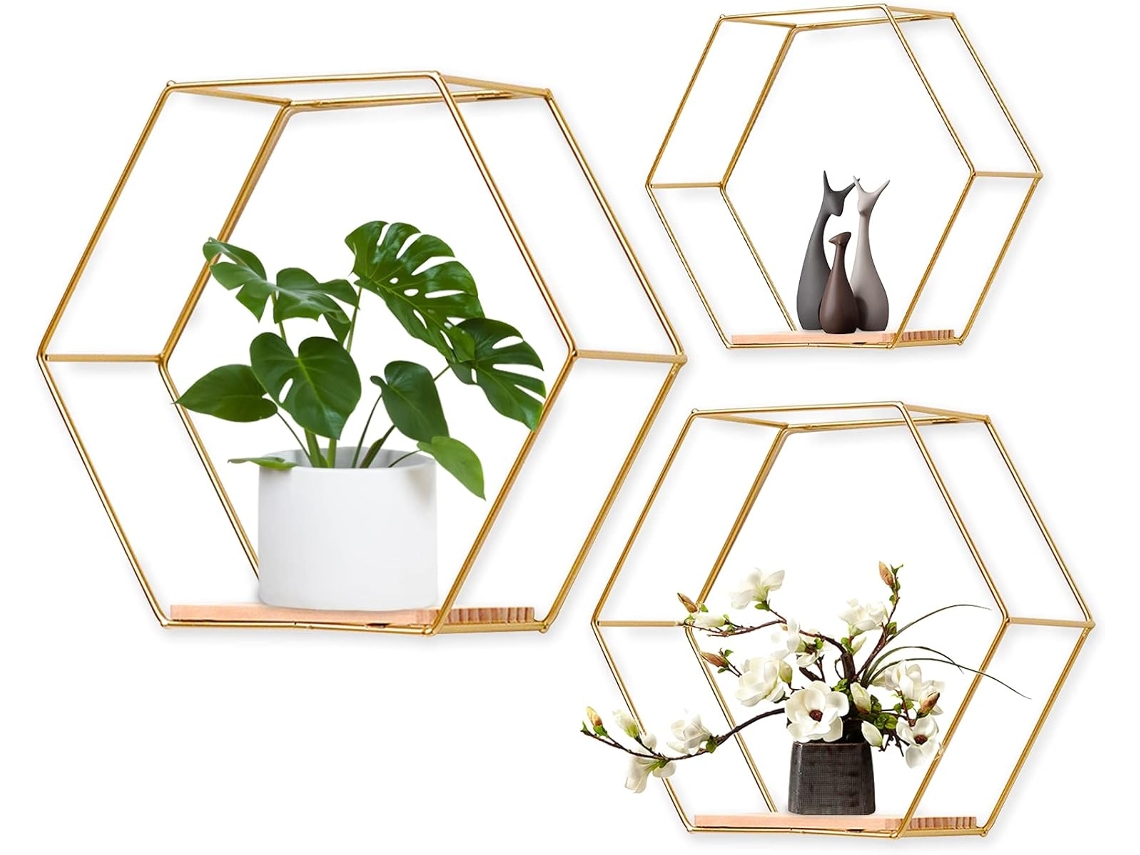 Porta Objetos Parede De Ferro Decoração Sala/quarto, 3 Peças Hexagonais Sfushos (dourado, Sem Objetos Decorativos)