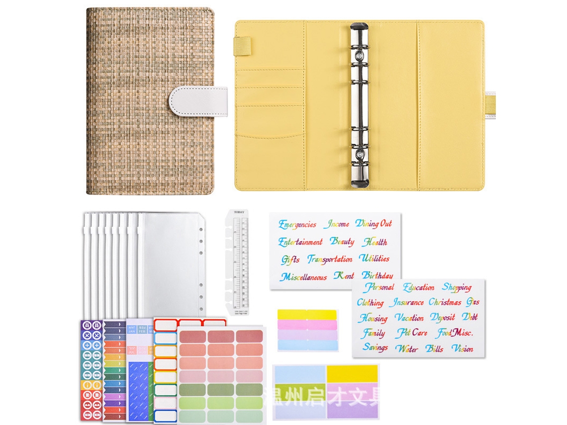 Macaron Ring Bound Cloth Journal With Zipper Woven Green Luxury Gift Set 12-budget Cards + 8-zipper Pouches 2-word