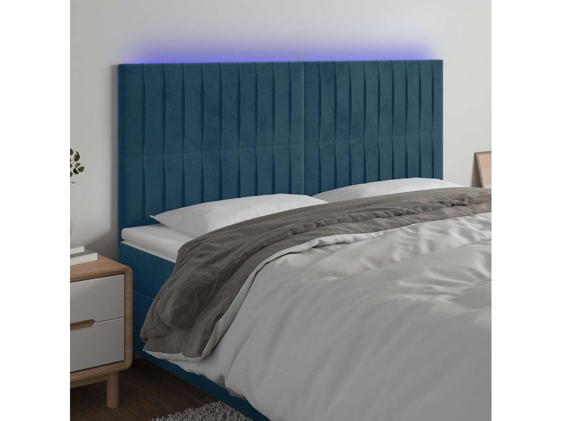 Vidaxl Cabeceira Cama C/ Luzes Led Veludo 200x5x118/128cm Azul-escuro