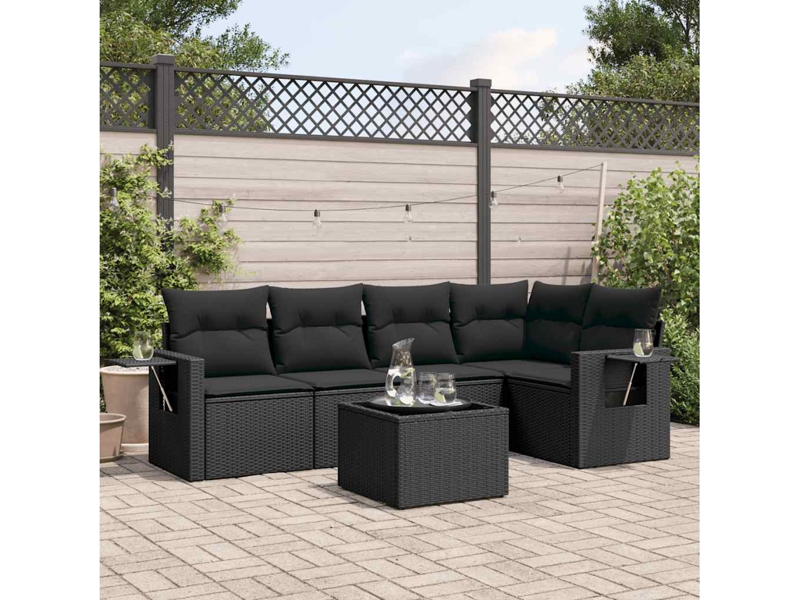 Vidaxl 6 Pcs Conjunto Sofás De Jardim C/ Almofadões Vime Pe Preto