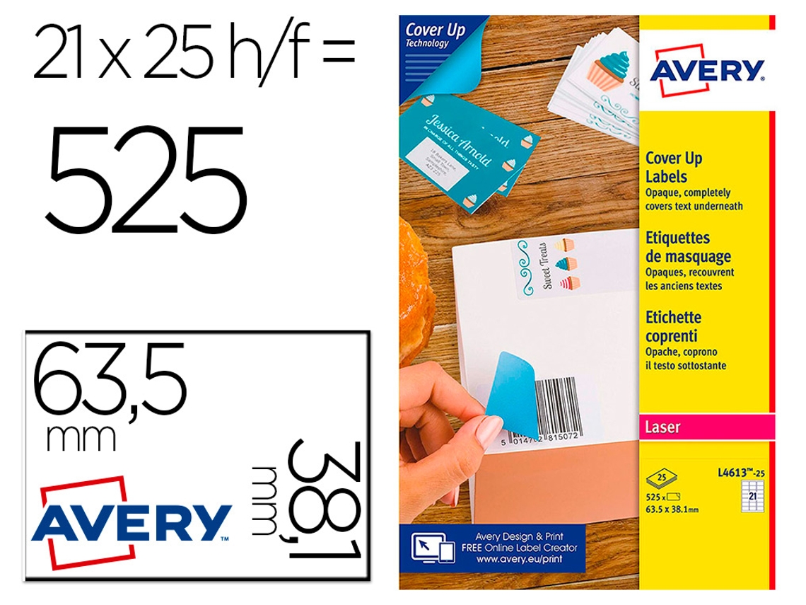 Etiqueta adesiva permanente AVERY para impressora laser branca 63,5X38,1 mm caixa de 525 unidades
