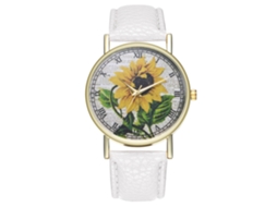 Reloj De Cuarzo Con Correa De Cuero Pu Unisex Patrón De Girasol Números Romanos Blanco