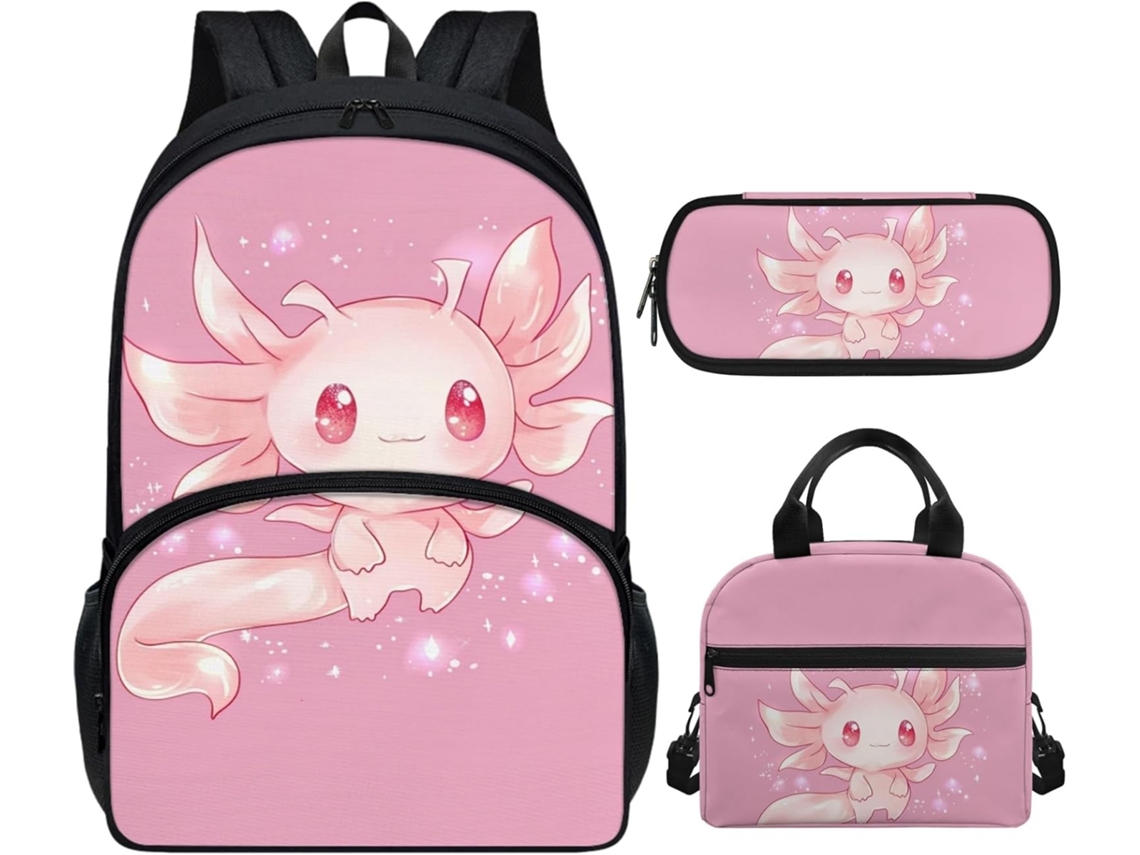 Mochila Xhuibop Axolotl Rosa Com Lancheira Para Meninas 8 10 Anos, Escolar Lancheira, Estojo 3 Em 1 E Do 4º
