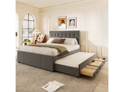 Cama Estofada, 140x200cm, Cama De Casal, Cama Familiar, Cama De Casal Com Três Gavetas, Cama Extensível, Cabeceira Ajustável, Sem Colchão, Cinza.