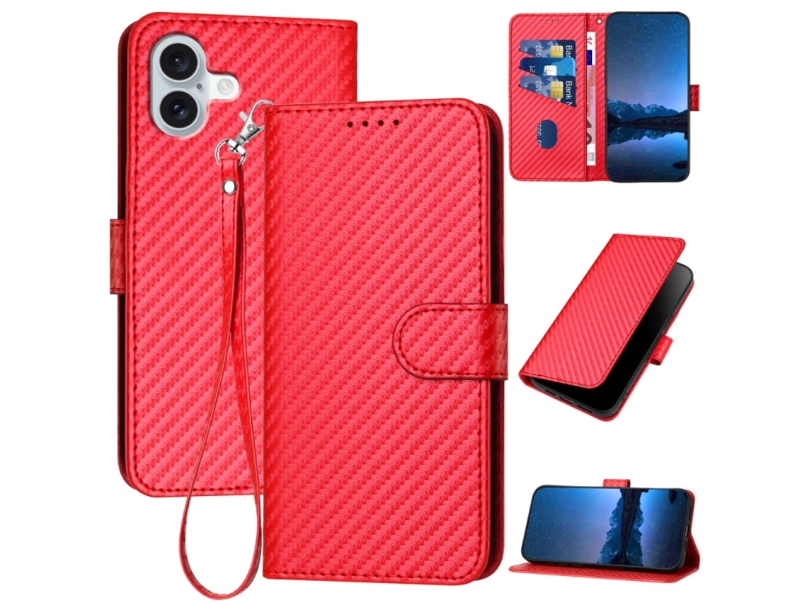 Capa De Couro Para Iphone 16 Plus - Fivela Em Fibra De Carbono - Com Cordão