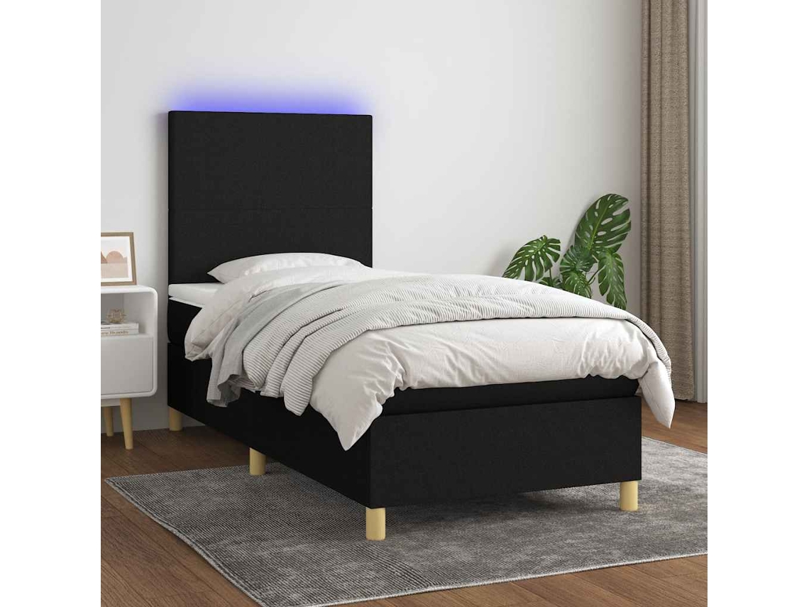 Vidaxl Cama Box Spring C/ Colchão E Led 90x190 Cm Tecido Preto