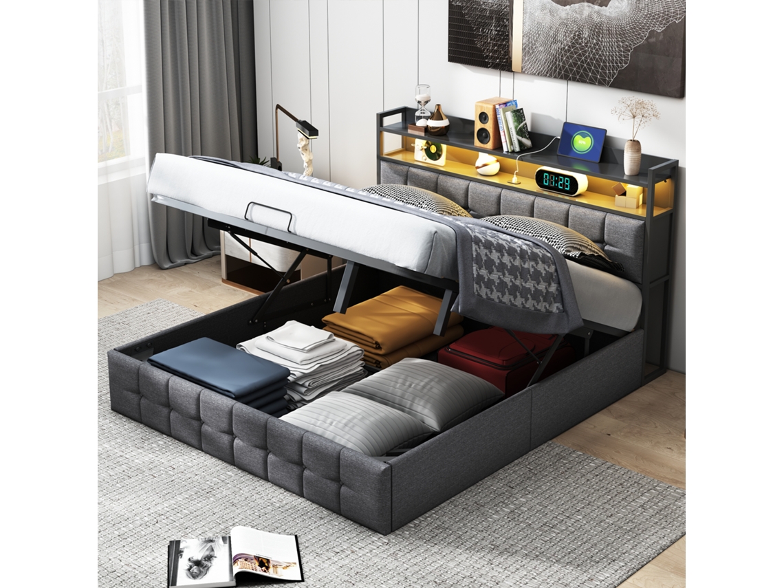 Cama De Casal De 160 X 200 Cm, Cama Estofada Com Espaço De Arrumação, Com Hastes Pneumáticas E Iluminação Led Na Cabeceira, Em Linho, Cinzenta,simurq