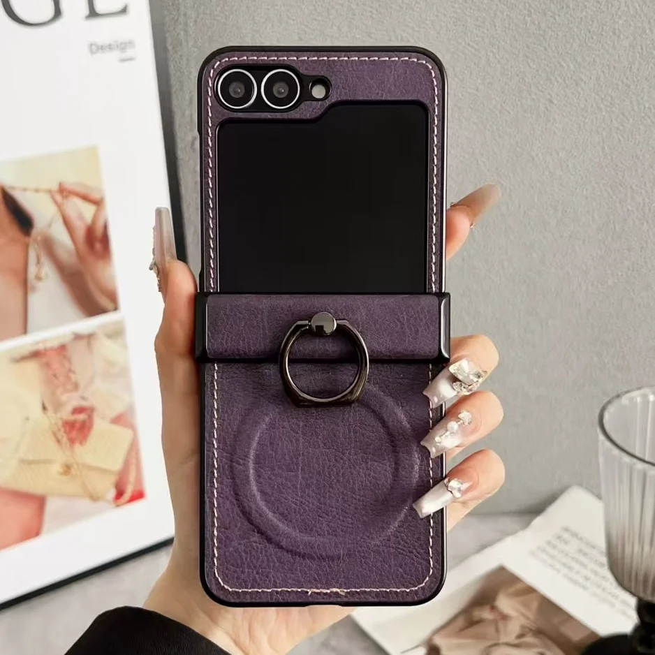 (roxo, Galaxy Z Flip7) Capa De Celular Retrô Em Couro Granulado Com Suporte Articulado Magnético