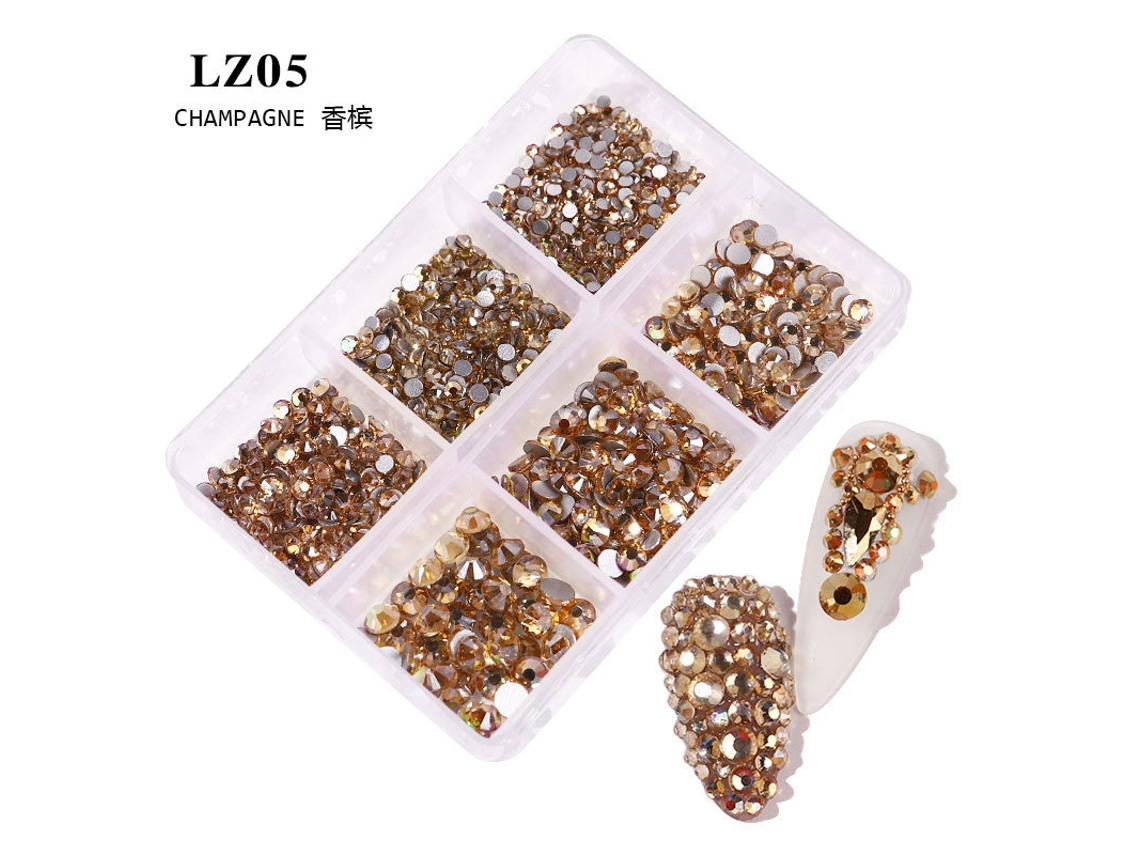 Kit De Acessórios Para Nail Art Com Strass De Base Plana (3 Caixas)caixa De 6 Compartimentos Com Strass, Cor Champanhe Dourado 05