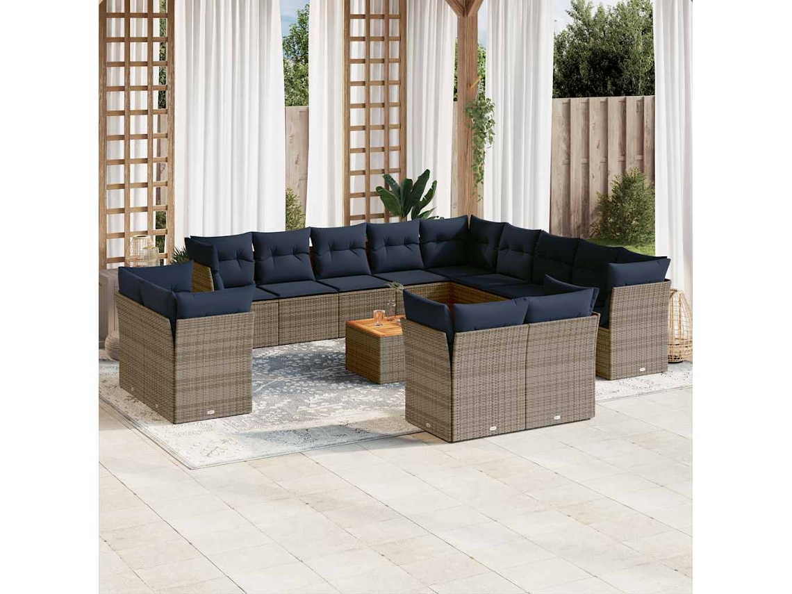 Vidaxl 14 Pcs Conjunto Sofás P/ Jardim C/ Almofadões Vime Pe Cinzento
