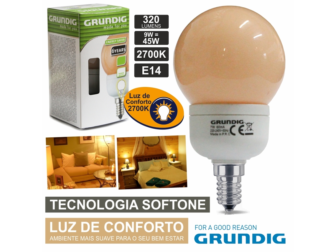 Lâmpada E14 9w=45w 230v Eco Tec. Softone 320lm Grundig