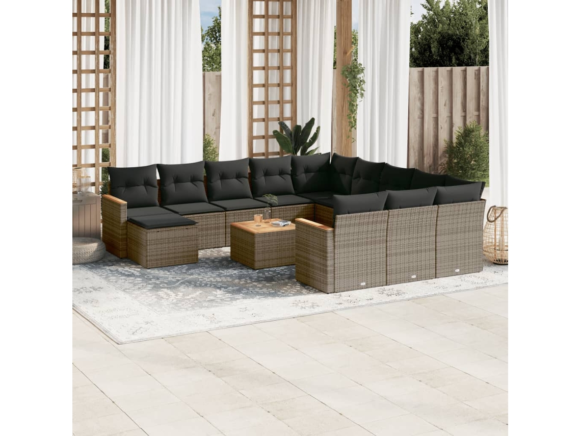 Vidaxl 13 Pcs Conjunto Sofás P/ Jardim C/ Almofadões Vime Pe Cinzento