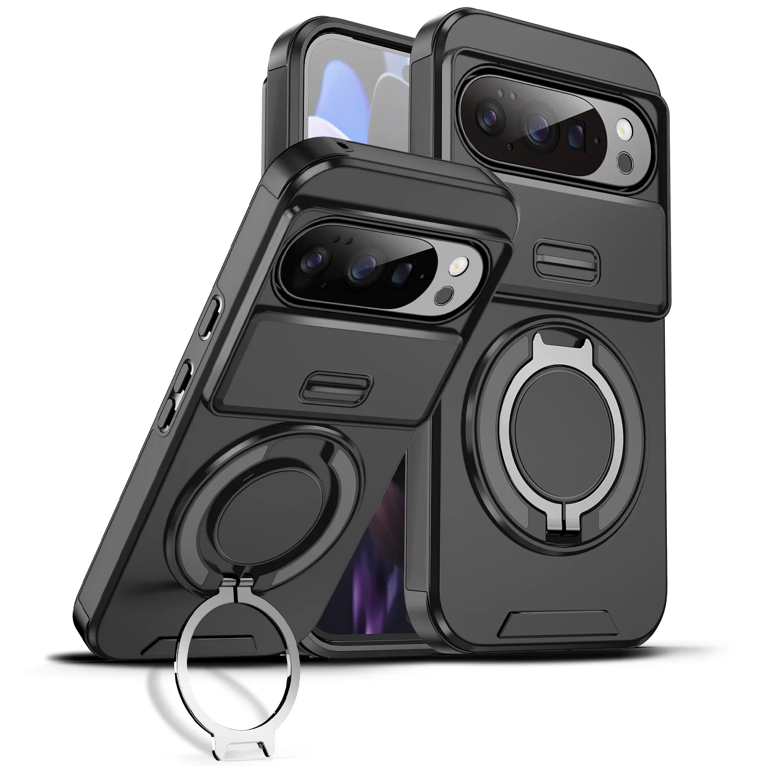 Capa Rígida À Prova De Choque Com Suporte De Anel Para Celular (google Pixel 9, Preta) E Abertura Por Pressão.
