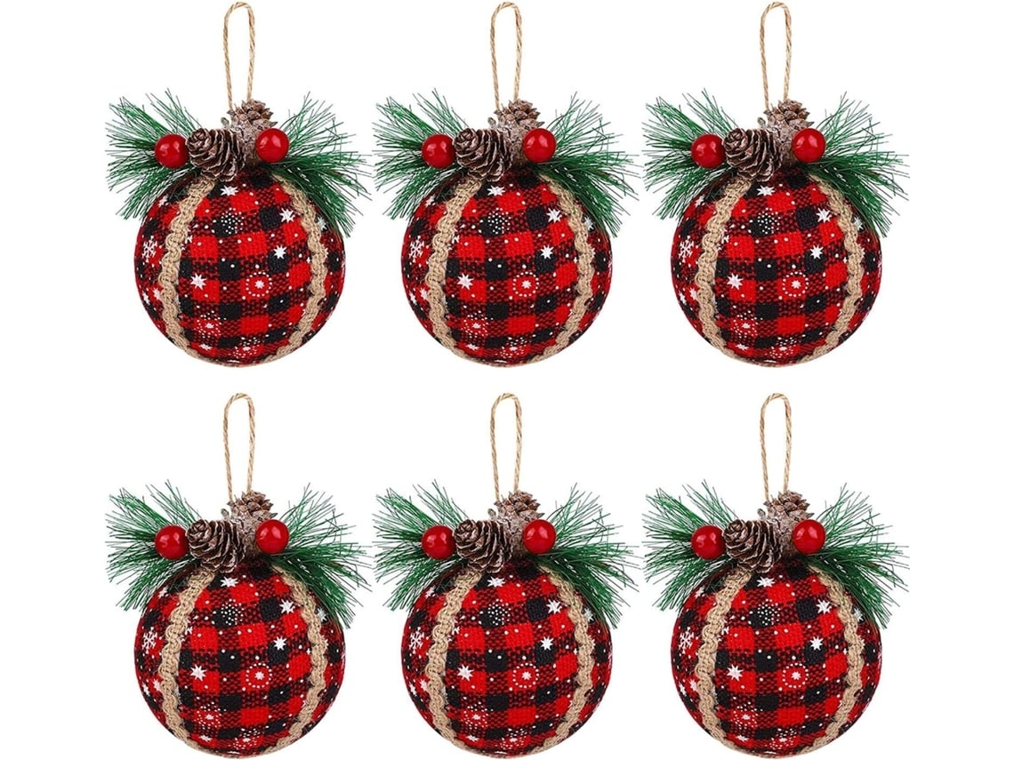 Conjunto de 6 Bolas de Natal Xadrez em Tecido Preto e Vermelho com Pinhas Folhagem, Ergonômico, Uso Diário STELASPLEN