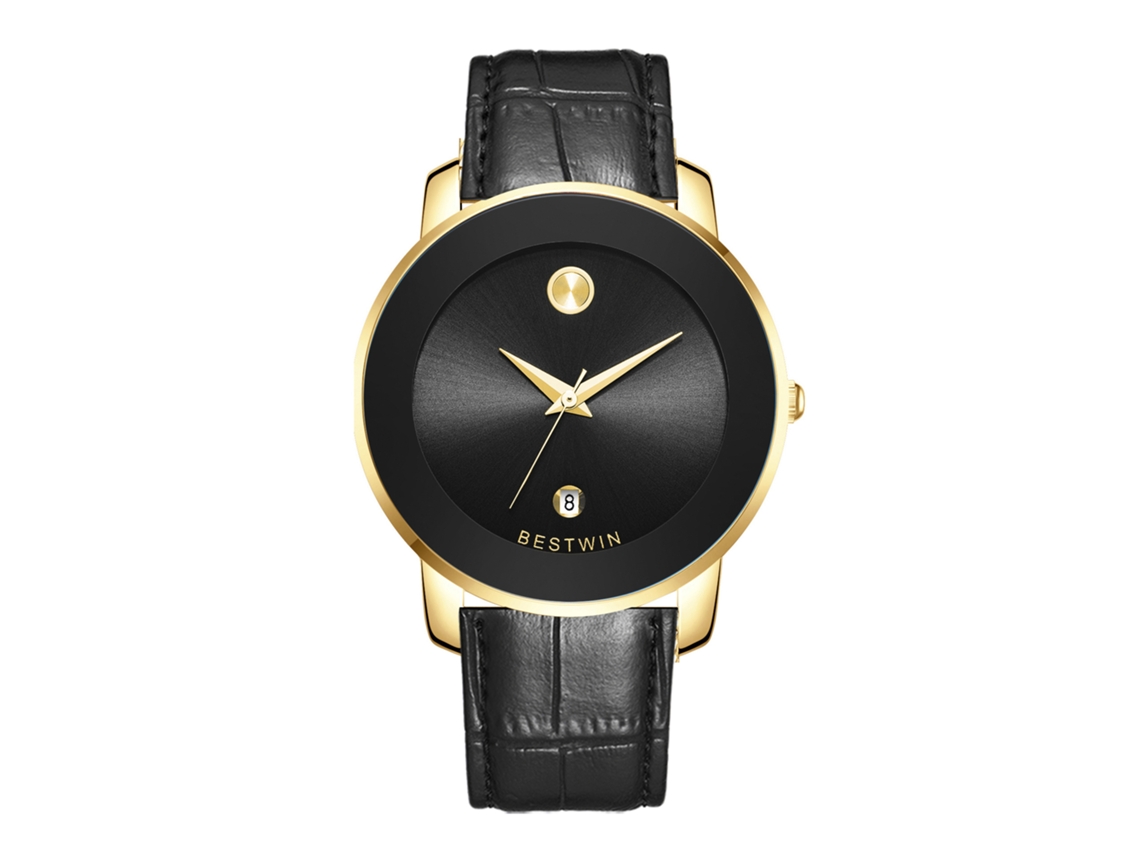 Relógio de Quartzo Masculino MDUG (dourado e Preto Pulseira de Couro)