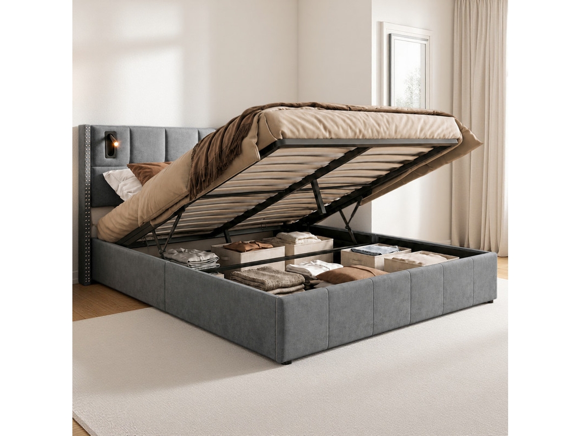 Cama De Casal 160x200 Em Veludo Cinza Capitonada Com Coffre A Gás, Pregos De Latão, Luz Led Usb, Luxo Francês, Ideal Pequeno Apartamento