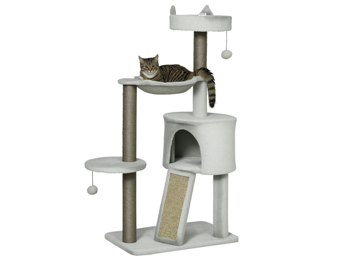 Árvore para Gatos com Toca, Cama, Rede e Brinquedos Inclusos, 60 Cm X 40 Cm X 113 Cm, Cinza Claro. ESSÊNCIACASA
