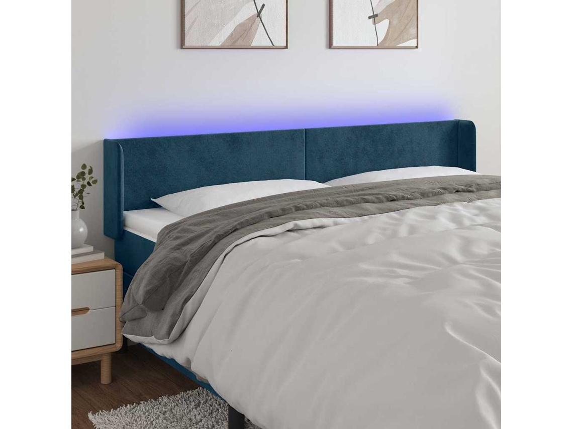 Vidaxl Cabeceira Cama C/ Luzes Led Veludo 203x16x78/88 Cm Azul-escuro