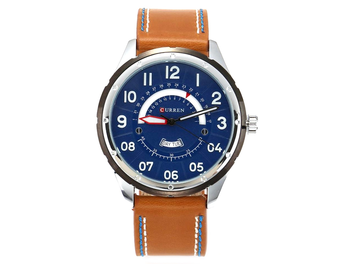 Relógio masculino de quartzo com pulseira de couro PU, à prova d'água, com data, dia da semana, mostrador redondo e estilo casual moderno.