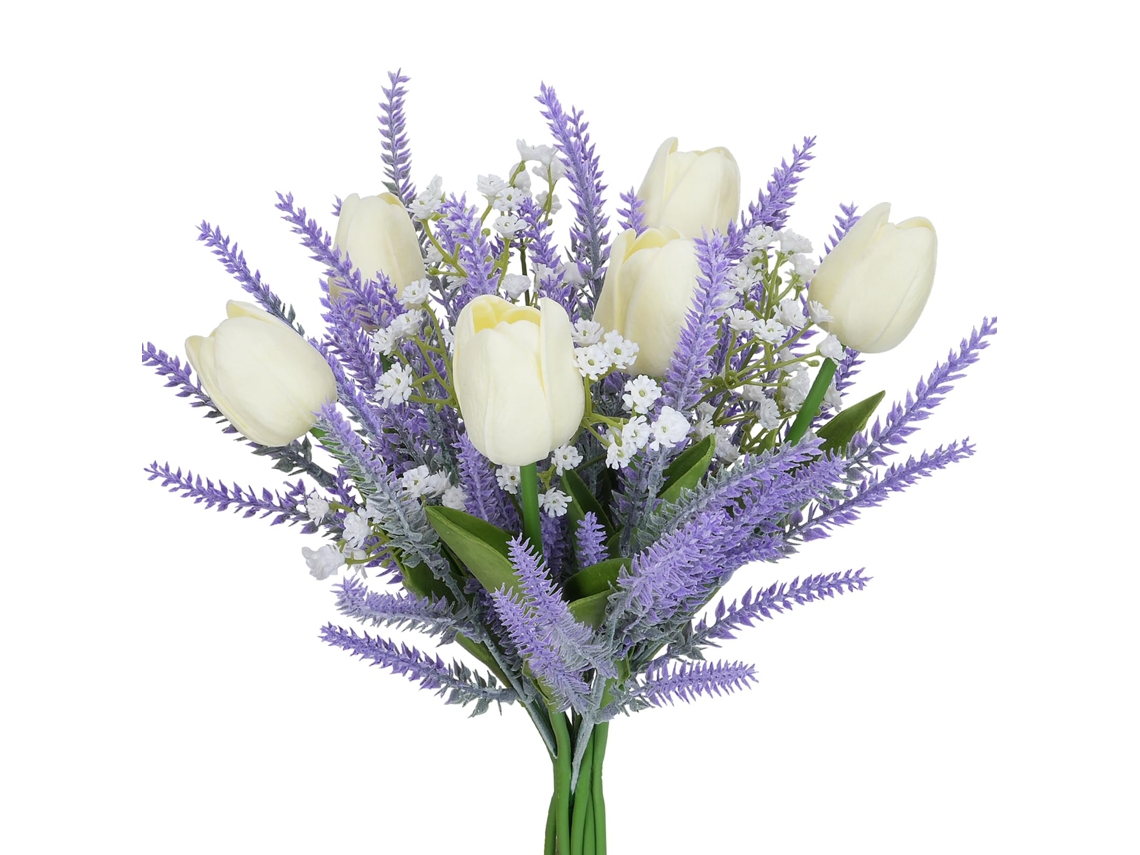 Buquê de Flores Artificiais Roxas, Lavanda Falsa de Plástico com Tulipas Brancas, Arranjo Floral para Decoração de Primavera. AQUAFORGE