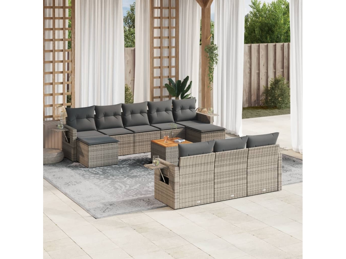 Vidaxl 11 Pcs Conjunto Sofás De Jardim C/ Almofadões Vime Pe Cinzento
