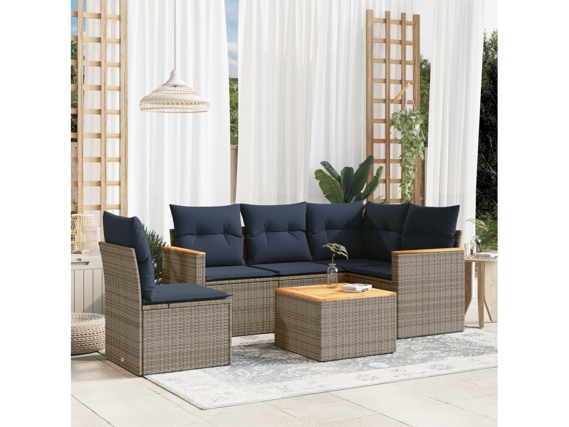 Vidaxl Conjunto De Sofá De Jardim Com 6 Peças E Almofadas Em Rattan Sintético Cinza