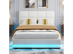 Cama Hidráulica Led 140x190 Cm Com Armazenamento 35 Cm, Pu Branca, Luzes Led 16 Cores, Mecanismo Hidráulico Suave, Design Moderno