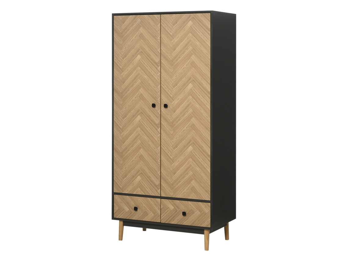 Armário Com 2 Portas Em Madeira, 4 Prateleiras, 2 Gavetas E Barra, Cinza Escuro, 90x50x190 Cm
