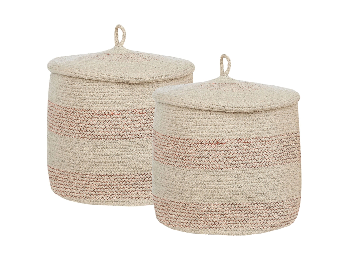 Cesto Com Tampo Boho Beliani Silopi De Algodão Creme Claro 33x33x32