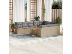 Vidaxl 11 Pcs Conj. Sofás Jardim C/ Almofadões Vime Pe Bege Misturado